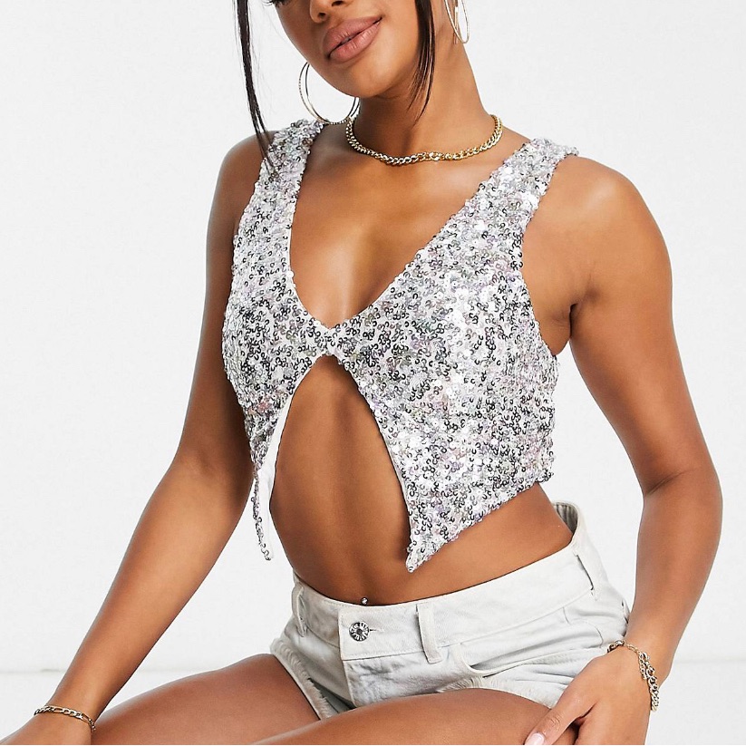 Sequin Silver Split Front Cami Top